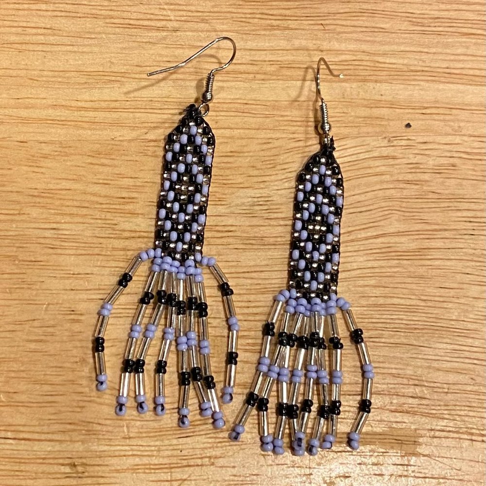Black, Silver & Lilac Beaded Fringe Earrings